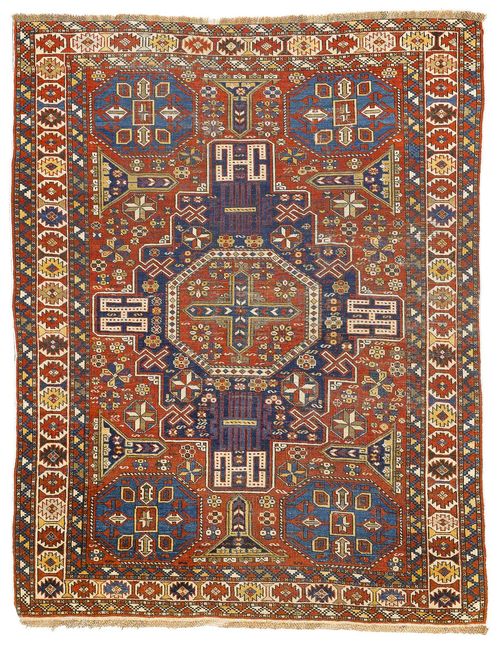 SHIRVAN antique. With a central medallion on a red ground and geometric patterning with star motifs. With a white border. With areas of heavy wear, 120x155 cm.