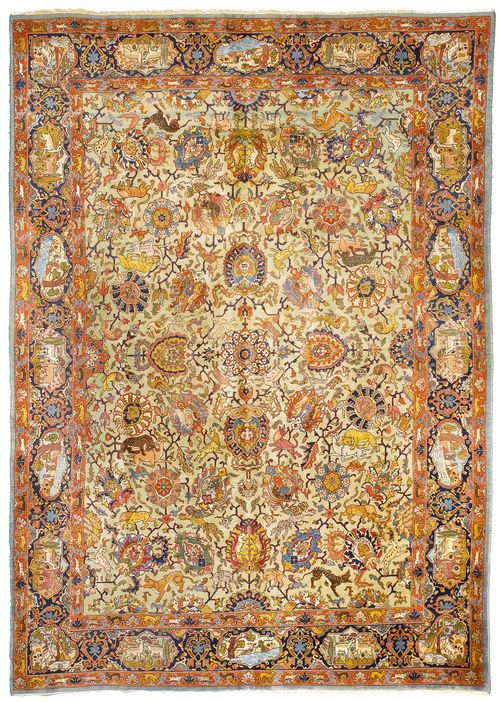 TABRIZ old.The light green central field is patterned throughout with palmettes and hunting motifs in bright colours. With a dark blue border. Some wear, 277x360 cm.