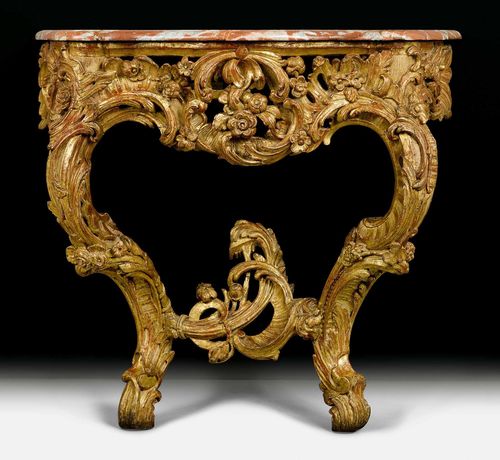 CONSOLE "AUX SYMBOLES DE LA MOISSON", Louis XV, German, 18th century. Pierced and richly carved giltwood. Red/white speckled marble top. 85x46x80 cm.