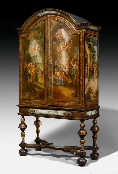 PAINTED CABINET ON STAND, Baroque, Picardy, 17th century. Wood with exceptionally fine painting; 4 large panels with scenes from the Old and New Testament, the drawer and stretcher with "en grisaille" putti depictions. Fitted interior of drawers and compartments. Bronze mounts and knobs. 120x51x213 cm.