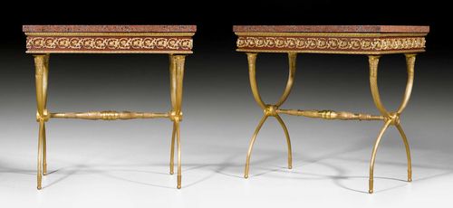 PAIR OF SIDE TABLES,Louis XVI style, after designs by A. WEISWEILER (Adam Weisweiler, maitre 1778), Paris. Matt and polished gilt bronze and mahogany. Rectangular, red/gray speckled granite top. 78x53.5x77 cm.