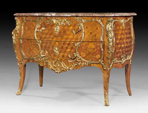 IMPORTANT COMMODE "A FLEURS",Louis XV, stamped DELORME (Adrien Delorme, maitre 1748), Paris circa 1750. Tulipwood, amaranth and exotic, partly-dyed precious woods in veneer with exceptionally fine inlays. Front with 2 drawers sans traverse. Exceptionally rich, matte and polished gilt bronze mounts and sabots. Shaped, pink/beige speckled marble top. 124x63x89 cm. Provenance: - Formerly part of a Russian aristocratic collection. - Former Emden collection, Porto Ronco. - Galerie Koller Zurich auction on 5.11.1982 (Lot No. 2495). - From a highly important Swiss private collection. Illustrated in: D. Roche, Le mobilier francais en Russie, Paris 1912/13; Table XXX.
