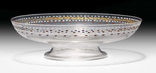 GLASS TAZZA, Venice, circa 1530.Colorless glass with enamel painting and gilding. H 7cm, D 23.7cm.