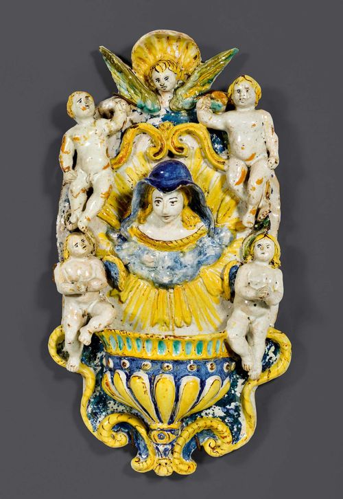 MAJOLICA 'AQUASANTIERA', Naples, probably Ischia, late 18th century. H 48. Minor chipping in the glaze and small chips.