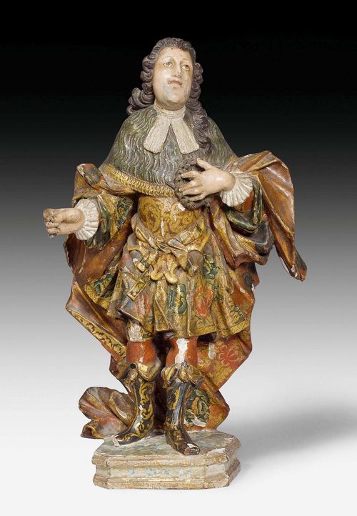 SMALL FIGURE OF A KING,Spain or Portugal, beginning 18th century. Wood carved full round and painted "al estofado". Holding a crown of thorns in one hand.  H 24.5 cm. Missing the cross which he probably held in the other hand.