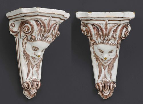 PAIR OF RARE FAIENCE CONSOLES, Luneville, circa 1760. Marked CB in manganese red. H 23cm.