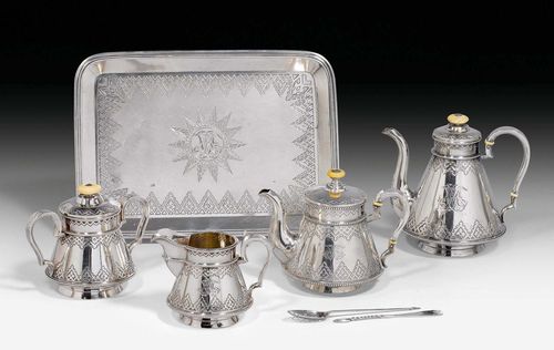 TRAVEL TEA SERVICE, St. Petersburg 1873.With maker's mark: PK: Comprising: 2 teapots, cream jug, sugar bowl and tray. All except the small teapot in a matching leather case. H teapot 15 cm. Total weight: 1770 g. Handle of the small teapot requires repair. Provenance: de Uthemann Collection.