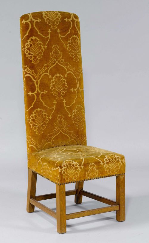 CHAIR,in the Renaissance style, Italy. Very tall, rectangular chair on square legs. Tall, rectangular backrest. Light brown velour cover with a flower pattern. 50x43x45x139 cm.