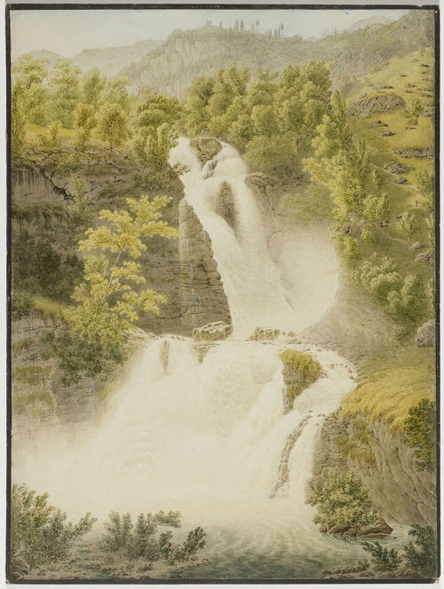 CANTON OF BERNE.- attributed to Gabriel Ludwig Lory (1763-1840). The Reichenbach Falls near Meiringen. Pencil with watercolour, 55.5 x 42.5 cm. Verso old inscription twice in pencil: G.Lory père. Chute du Reichenbach. Framed. - Very pleasing, especially fine and richly detailed view of the famous falls. - A few minor paper losses on the outer edges. Old mount on wove paper across entire surface. Central fold smoothed out. Overall good condition.