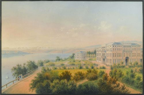 Attributed to BLEULER, JOHANN LUDWIG (Feuterthalen 1792 - 1850 Laufen)Hotel Baur au Lac in Zurich. Grey pen and watercolour, heightened in white. 32.5 x 48 cm. Black pen border with grey gouached margin. Gold frame. - Rare, finely executed view. With professionally restored barely visible tear in the upper section of the picture. Overall well conserved.