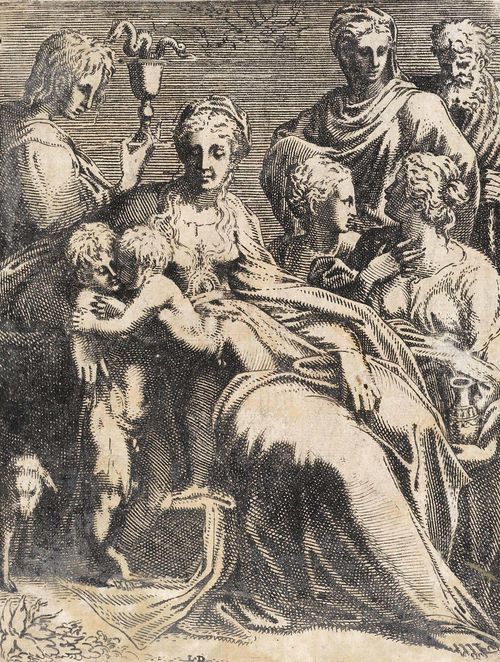 DAVENT, LEON (Master L.D., active between 1540 and 1556 in Fontainebleau and Paris)The Holy Family and Saints, circa 1540/50. Etching, 23.7 x 18 cm. On wove paper with watermark: hand. Bartsch 1. - Strong, slightly blurred impression. The right and left margins slightly cut. One small worm hole and a small tear on the right margin. Minor condition issues. Despite these, a good overall impression. Very rare.