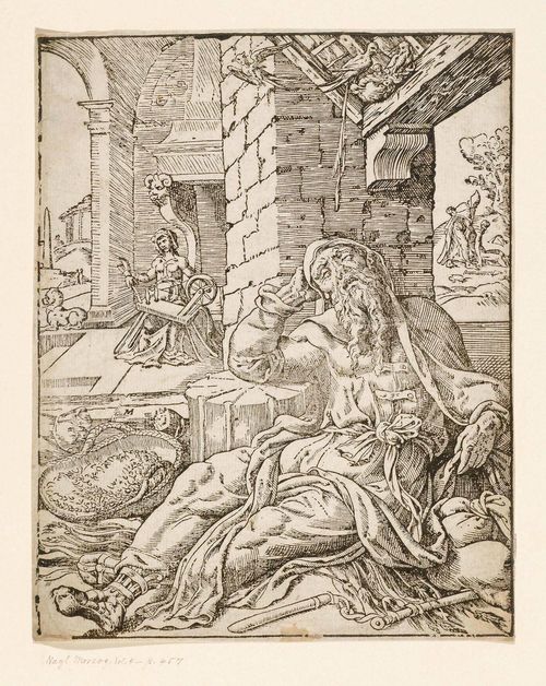 MONOGRAMMIST M. (1st half of the 16th century).The blinding of Tobias. Wood cut, 24.6 x 19.3 cm. Monogrammed in the centre of the left margin in the print.: M. - With small margin around the line border. Smoothed central fold. Overall good condition.