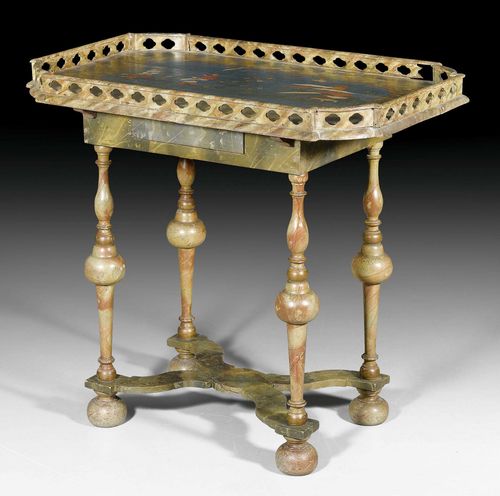 SALON TABLE "A DECOR CHINOIS",known as a "table a the", Louis XV, probably Dresden circa 1750. Shaped wood, "en faux marbre" and polychrome painted. Some alterations. 85x55x81 cm.