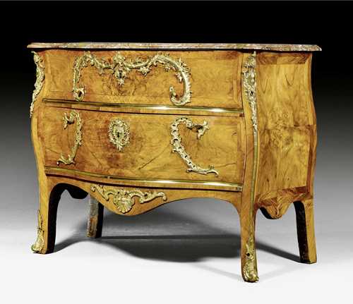COMMODE,Louis XV, by M. FUNK (Mathaeus Funk, Murten 1697-1783 Bern), Bern circa 1750. Walnut and burlwood in veneer finely inlaid with reserves. The front with 2 drawers with brass traverse. Exceptionally fine, matte and polished gilt bronze mounts and sabots "a la Criaerd". Shaped "Marbre de Roche" top. 118x61x89.8 cm.
