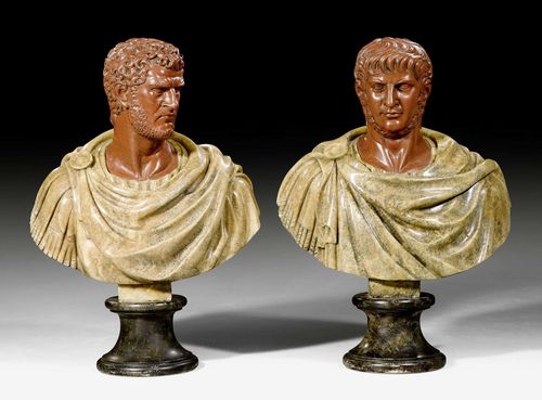 PAIR OF LARGE EMPEROR BUSTS,late Baroque, attributed to F. RIGHETTI (Francesco Righetti, 1738-1819), Rome, probably 18th/19th century. Jasper, "Rosso Antico" and black marble. Busts of Nero and probably Hadrian. H approx. 88 cm.