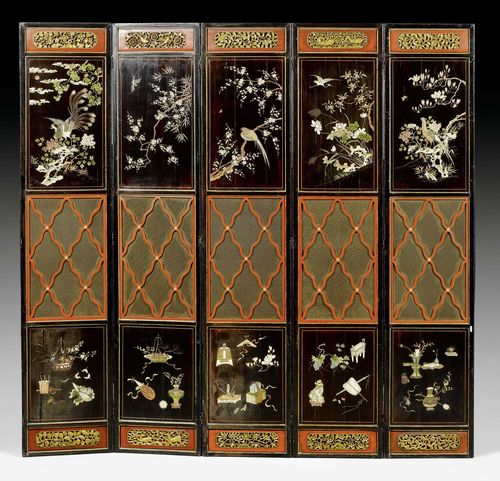 LARGE TEN-PART SCREEN WITH COROMANDEL LACQUER,Louis XIV, China, late 19th century. Exceptionally finely lacquered wood. H 273 cm, L total 530 cm. Provenance: - Coco Chanel collection, Lausanne. - Galerie Koller Zurich auction on 9.5.1980 (Lot No. 1760). - Private collection, Switzerland.