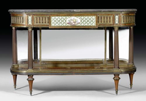 SIDEBOARD/DESSERTE WITH PORCELAIN PLAQUES,Louis XVI, after designs by A. WEISWEILER (Adam Weisweiler, maitre 1778), Paris circa 1785. Fluted maple and mahogany with very fine, probably associated, painted porcelain plaques in the style of Sevres. Mirrored back wall. The front with central drawer flanked by 1 hinged drawer on each side, all opening via push-button. Exceptionally fine, matte and polished gilt bronze mounts  "a frise de canneaux et tigettes". Restorations. 140x46x93 cm.