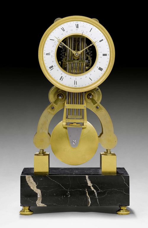 SKELETON CLOCK,Louis XVI, the dial signed ROBIN A PARIS (Robert Robin, maitre 1767), the framework signed and dated ROBIN GALER ... (concealed) ... DU LOUVRE 1784, Paris. Gilt bronze, brass and "portor" marble. Exceptionally fine anchor escapement striking the 1/2 hours on bell. With glass case. 25x14x46 cm.