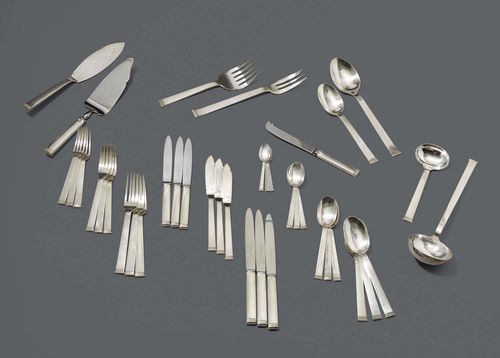 CUTLERY SET,France 19th century. With maker's mark. Comprising: 12 dinner forks, 12 fish forks, 12 dessert forks, 12 soup spoons, 12 dessert spoons, 12 ice cream spoons, 12 demitasse spoons, 12 dinner knives, 12 fish knives, 12 dessert knives and 8 serving pieces. Total weight: 6570 g (without knives).