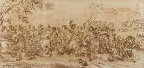 SIMONINI, FRANCESCO (Parma 1686 - circa 1753 Florence or Venice) Equestrian combat. Pen and brush in brown, with black chalk and heightened in white. On handmade paper, laid on canvas. Old inscription on stretcher: Simonini di Firence 46.5 x 106 cm. Framed. Provenance: - Château d'Allaman, Pays de Vaud, Switzerland - Via inheritance to the current Swiss private collection