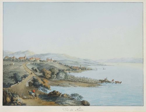 HACKERT, CARL LUDWIG (Brenzlau 1740 - 1796 near Morges).Vue de Nion, 1778. Etching with original colour, 35 x 46.5 cm. Engraved title below image, signed centre bottom: Carl Hackert fec. Old gold frame. Very fine and fresh colour.