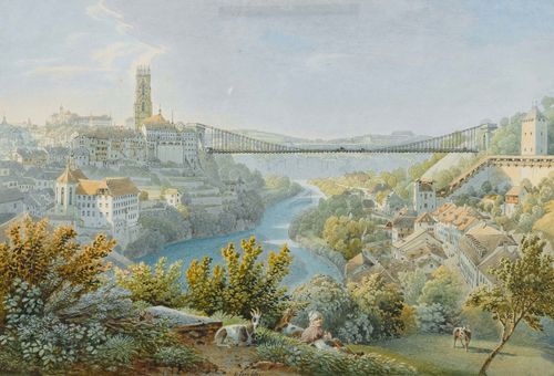 LORY, GABRIEL MATTHIAS (1784 Bern 1846).View of Fribourg with the old Zähringer bridge, circa/after 1834. Pen and watercolour. 20.2 x 29 cm. Black pen outer line. Signed centre of lower margin: G. Lory fils. Gold frame. - Verso old mount, slightly showing through on the upper margin of the image. Otherwise in very good condition.