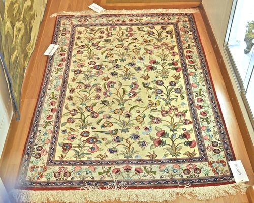 GHOM SILK old.White ground, patterned with colourful flowers, light blue edging, 100x143 cm.