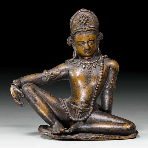 AN EARLY COPPER FIGURE OF INDRA. Nepal, 13th c. Height 11 cm.