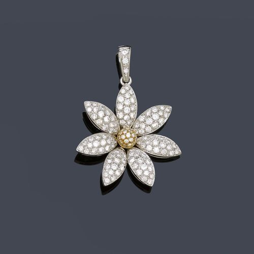 DIAMOND PENDANT. White and yellow gold 750. Decorative pendant designed as a flower, set throughout with ca. 137 brilliant-cut diamonds weighing ca. 2.10 ct. Ca. 5 x 3.5 cm.
