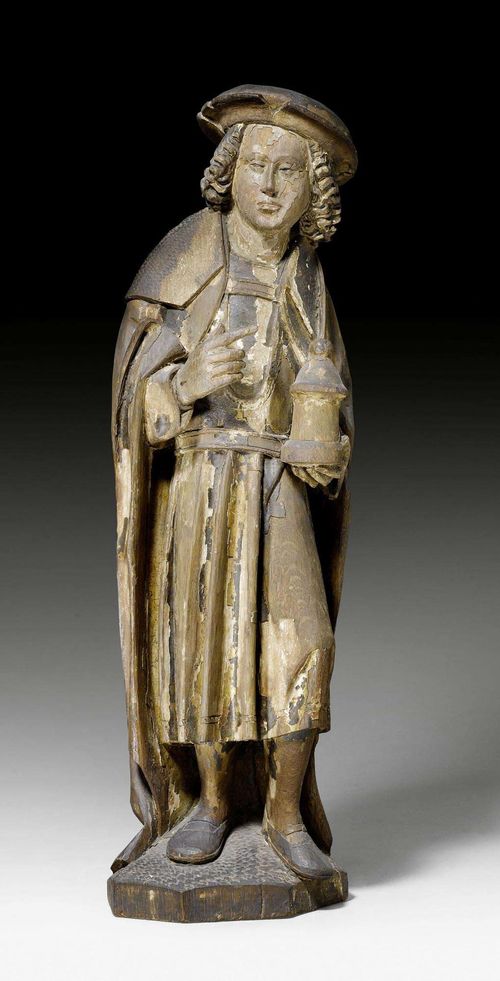 SAINT COSMAS OR DAMIAN, late-Gothic, Lower Rhine, ca. 1500. Oak, carved all around, with remains of old paint. H 71 cm. Provenance: private collection, Vienna.