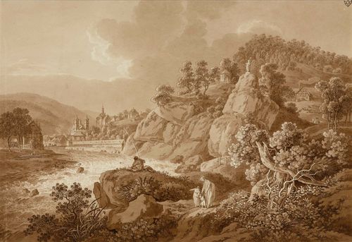 ZINGG, ADRIAN (St. Gallen 1734 - 1816 Leipzig).View of Karlsbad, with a young mother and her children in the foreground. Etching, brown wash, partial aquatint in brown. 29.6 x 43.7 cm. Artist’s stamp on upper right corner: AZ. Partly attached to the backing board. Old inscription on board: A.Zingg fec.. – A splendid, delineated impression. Minor compression on left edge of sheet, partial minor soiling within the image in the upper left section. Overall fine condition. Very rare.