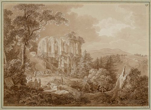 ZINGG, ADRIAN (St. Gallen 1734 - 1816 Leipzig).Ruined monastery and cemetery on Oybin. Etching with brown wash and partial aquatint in brown. 32 x 44.5 cm. Inscribed lower left in the image on a tomb stone: C.A. Rich. 1812. Artist’s stamp AZ on the upper right corner. Partly attached on backing board. Inscribed lower right on board in brown pen: A.Zingg fec.. – A splendid delineated impression. Slight sunning on the outer edges of the sheet. Otherwise very good condition with fresh colours. Very rare.