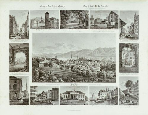ZURICH.- Johann Baptiste Isenring (1796-1860).View of the city of Zurich. Large group print with central view and 12 partial views. Aquatint. Circa 1831/2. 36 x 49.3 cm. Gold frame. Foxed (requires cleaning) - Wäspe 91.