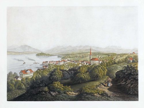 ZURICH - HORGEN.-H. Siegfried (Wipkingen 1814-1889 Zurich ). View of Horgen. Coloured aquatint before the script. 27.5 x 37.5 cm. Meyer, pub. by H. Füssli & Co. Framed. - Rare.