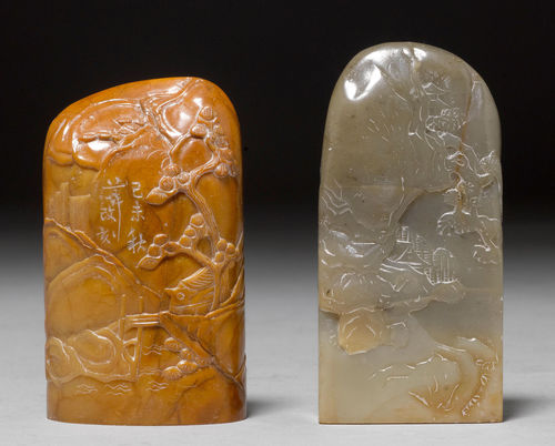 TWO SHOUSHAN STONE SEALS CARVED WITH LANDSCAPES AND INSCRIPTIONS.