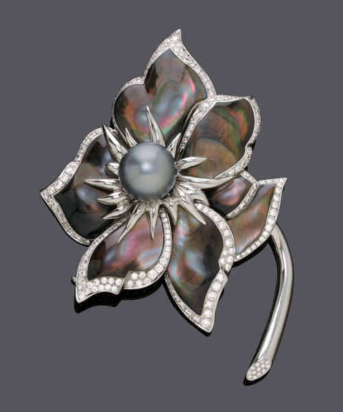 PEARL AND DIAMOND FLOWER BROOCH, BY CHAUMET.