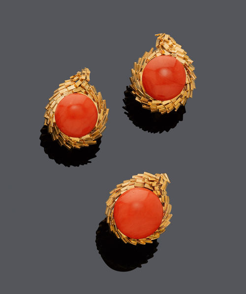 CORAL AND GOLD EAR CLIPS AND RING, ca. 1970.