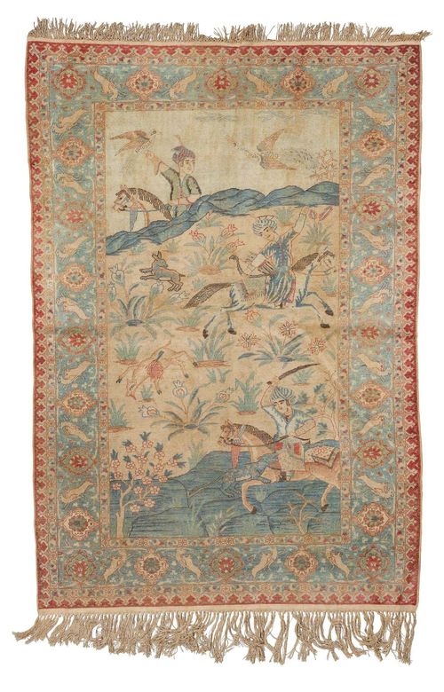 ANATOLIAN PICTORIAL CARPET, SILK antique.Beige central field  with the depiction of a hunting scene in delicate pastel colours, turquoise border with trailing flowers and animals, signs of wear, 133x186 cm.