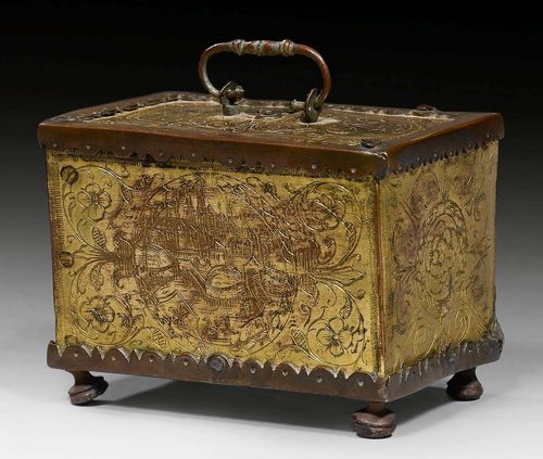 EUCHARIST BOX,Renaissance, German, 16th century. Bronze and brass, parcel gilt and finely engraved. With hinged lid and small carrying handle. Original iron lock. 7x4.5x5.5 cm.