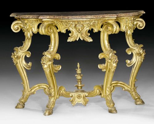 CONSOLE "AUX MASCARONS",Louis XV, Rome circa 1760. Exceptionally richly carved and gilt wood. "Brocatello Siciliano" top. 131x63x102 cm. Provenance: - Private collection, Lugano. - Galerie Koller Zurich auction on 5.12.2002 (Lot No. 1053). - From a Roman collection. Matching Lot No. 1028.