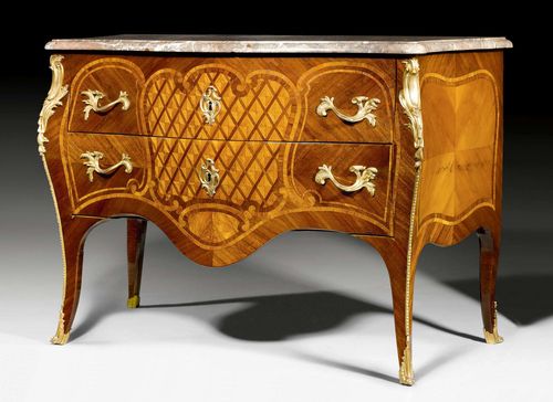 COMMODE,Louis XV, probably Genoa circa 1760. Mahogany and tulipwood in veneer with fine inlays. The front with 2 drawers sans traverse. Replaced gilt bronze mounts and sabots. Shaped, grey/white speckled marble top. With the signature "P. Denizot". Some alterations. 117.5x60x83 cm.
