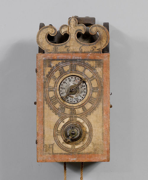 CLOCK WITH WOODEN COGWHEELS AND ALARM,