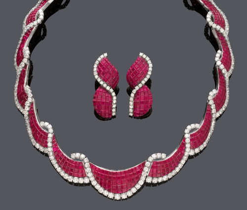RUBY AND DIAMOND NECKLACE WITH EARCLIPS.