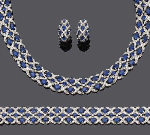 SAPPHIRE AND DIAMOND NECKLACE WITH BRACELET AND EARRINGS.