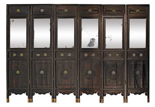 AN IMPERIAL SIX-FOLD ZITAN-SCREEN WITH MIRRORS AND LACQUER PAINTING.