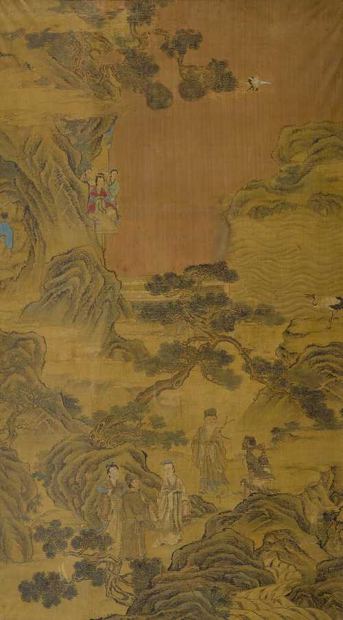 A FINE PAINTING OF XIWANGMU AND AN IMMORTAL IN A LANDSCAPE,  SIGNED: ZAO DONG.