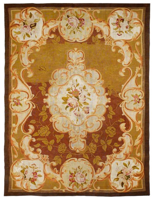 AUBUSSON antique.Beige central field with a floral central medallion, wide edging with trailing flowers in delicate pastel colours, 225x285 cm.