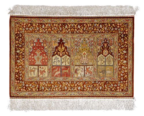 HEREKE SILK old.Central field with 4 prayer niches, patterned with plants and animals, brown edging, 88x137 cm.