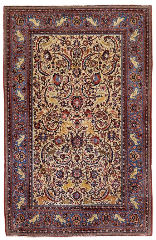 NAIN old.Beige central field finely patterned with trailing flowers and depictions of animals in harmonious colours, blue border, 130x200 cm.