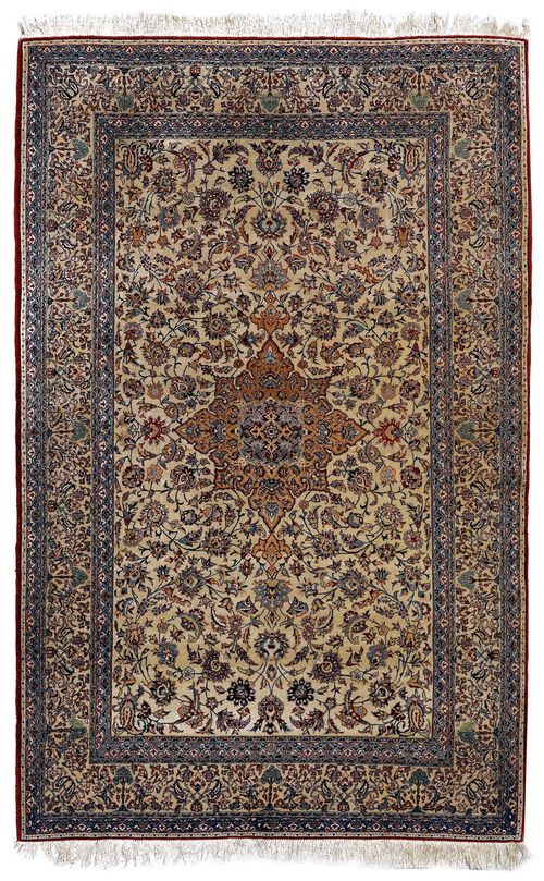 NAIN old.White ground with a beige central medallion, finely patterned with trailing flowers and palmettes, white edging, 153x227 cm.